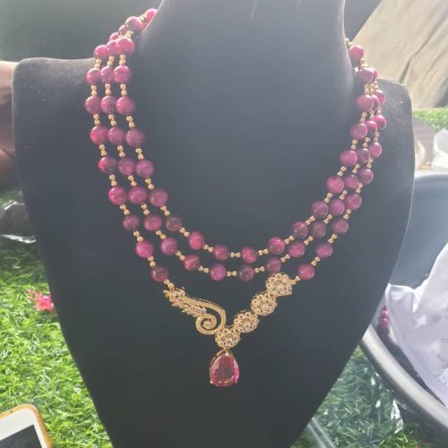 Purple Beaded Necklace with Crystal Pendant