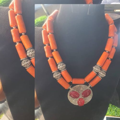 Luxury Orange Coral Bead Necklace with Statement Pendant